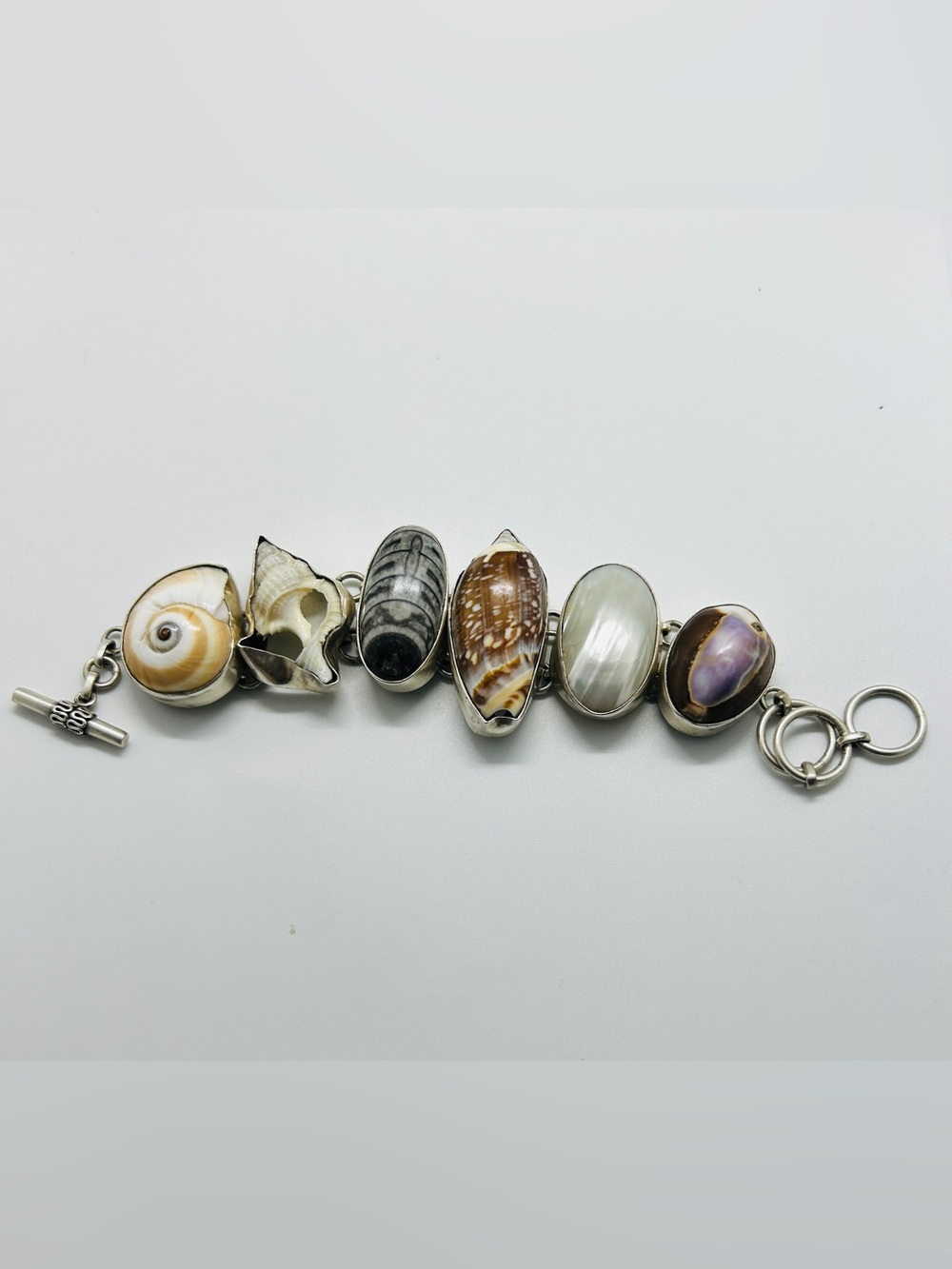 Seashell, Mother-of-Pearl and Fossil Sterling Silver Designer Bracelet